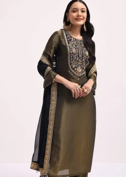 Mehendi Green Sequin Embroidered Tissue Kurta Set With Dupatta
