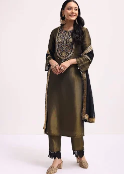 Mehendi Green Sequin Embroidered Tissue Kurta Set With Dupatta