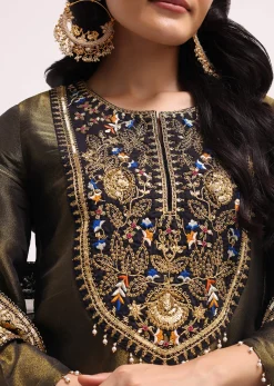 Mehendi Green Sequin Embroidered Tissue Kurta Set With Dupatta