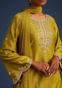 Mehendi Green Silk Embroidered Kurta Dhoti Set
