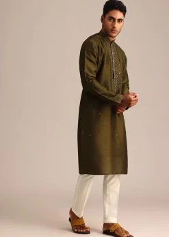 Mehendi Green Silk Kurta Pant Set With Mandarin Collar