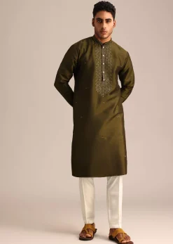 Mehendi Green Silk Kurta Pant Set With Mandarin Collar