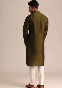 Mehendi Green Silk Kurta Pant Set With Mandarin Collar