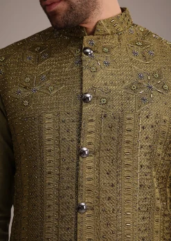 Mehendi Green Silk Kurta Jacket Set With Zardosi And Thread Work