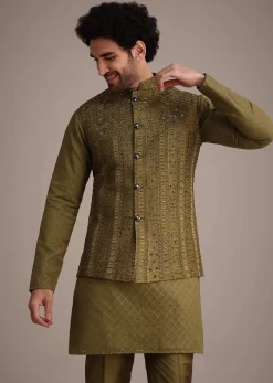 Mehendi Green Silk Kurta Jacket Set With Zardosi And Thread Work