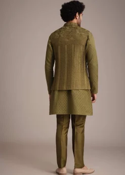 Mehendi Green Silk Kurta Jacket Set With Zardosi And Thread Work