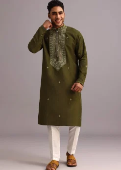 Mehendi Green Silk Kurta Pant Set With Mirror Work
