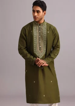 Mehendi Green Silk Kurta Pant Set With Mirror Work