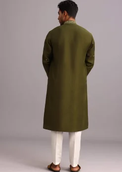 Mehendi Green Silk Kurta Pant Set With Mirror Work