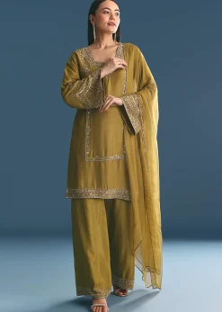 Mehendi Green Silk Sequin Kurta Palazzo Suit