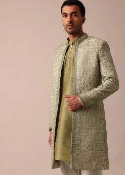 Mehendi Green Silk Sherwani With Intricate Embroidery