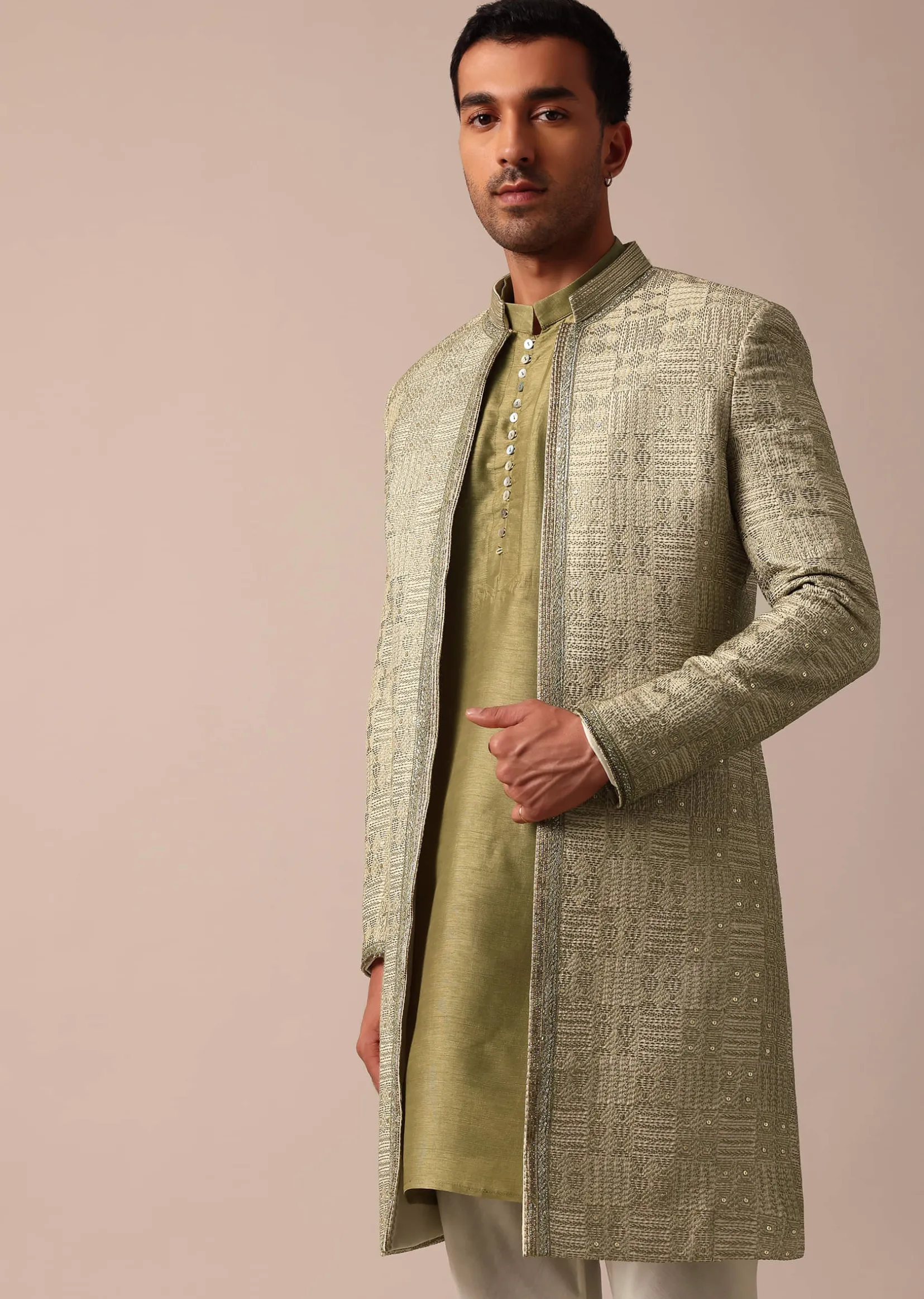Mehendi Green Silk Sherwani With Intricate Embroidery