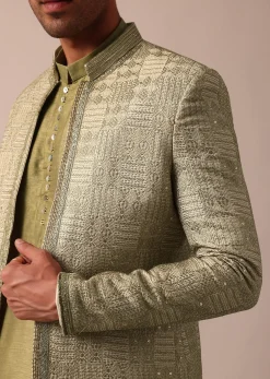 Mehendi Green Silk Sherwani With Intricate Embroidery