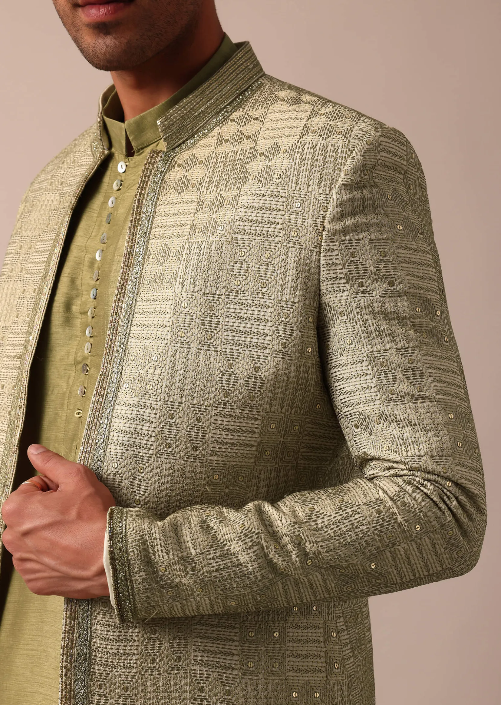 Mehendi Green Silk Sherwani With Intricate Embroidery