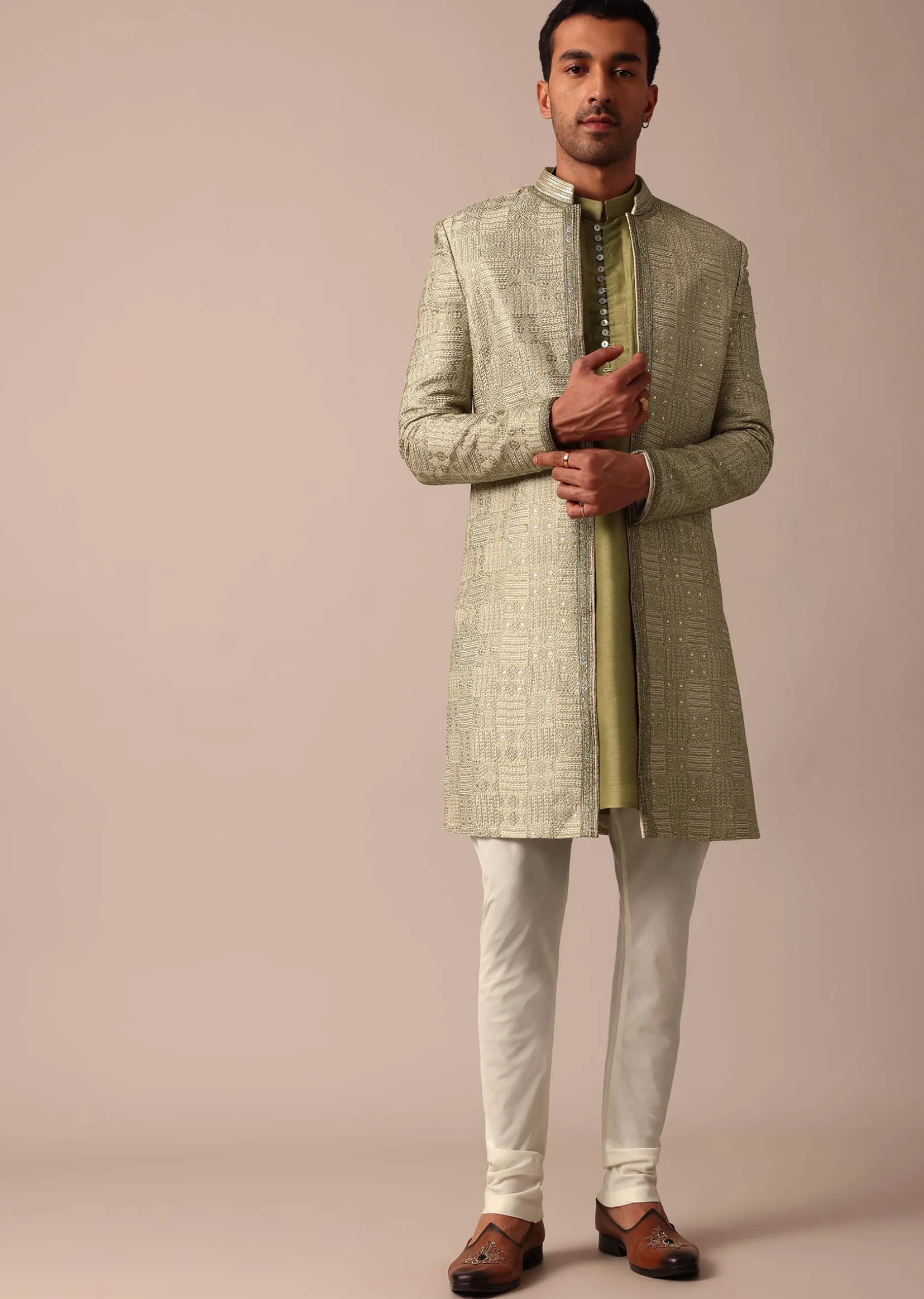 Mehendi Green Silk Sherwani With Intricate Embroidery