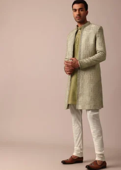 Mehendi Green Silk Sherwani With Intricate Embroidery