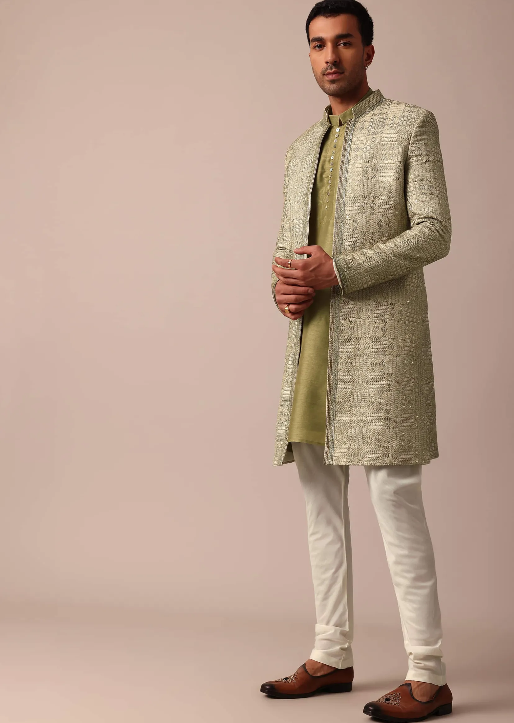 Mehendi Green Silk Sherwani With Intricate Embroidery