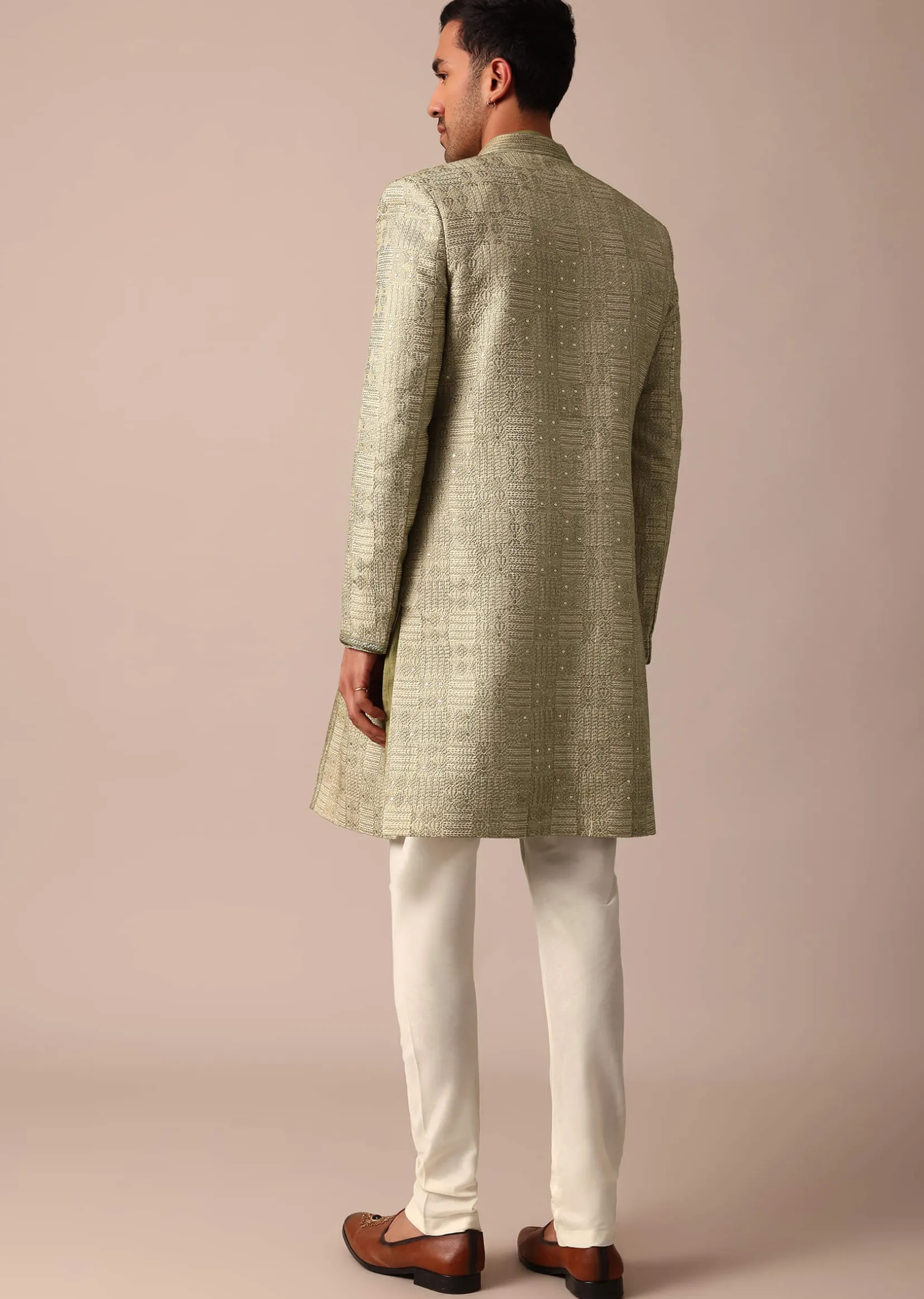 Mehendi Green Silk Sherwani With Intricate Embroidery