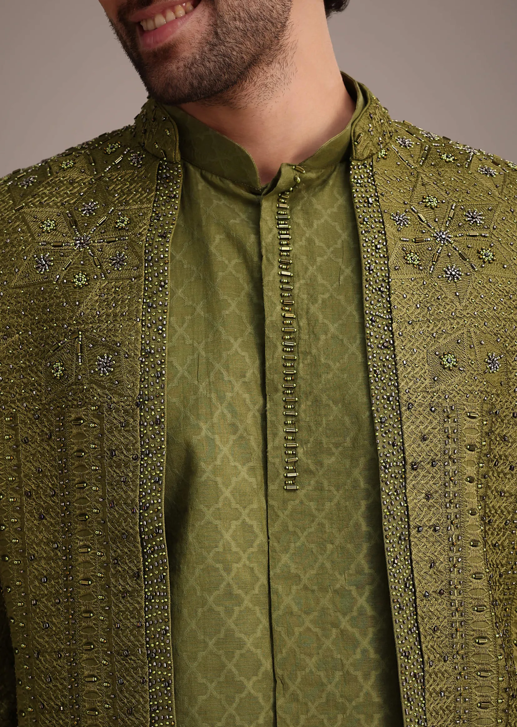 Mehendi Green Silk Zardosi Kurta Jacket Set