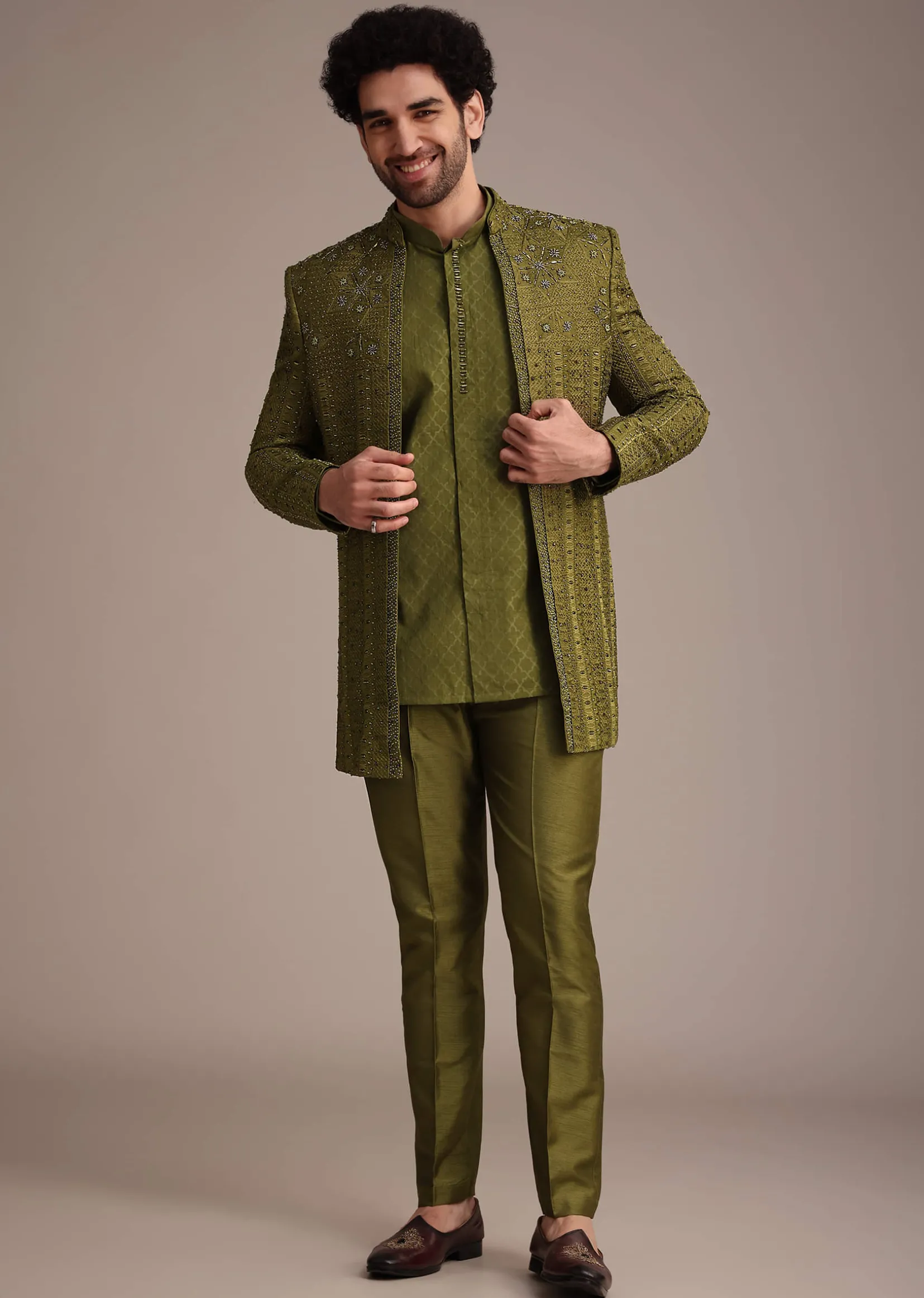 Mehendi Green Silk Zardosi Kurta Jacket Set