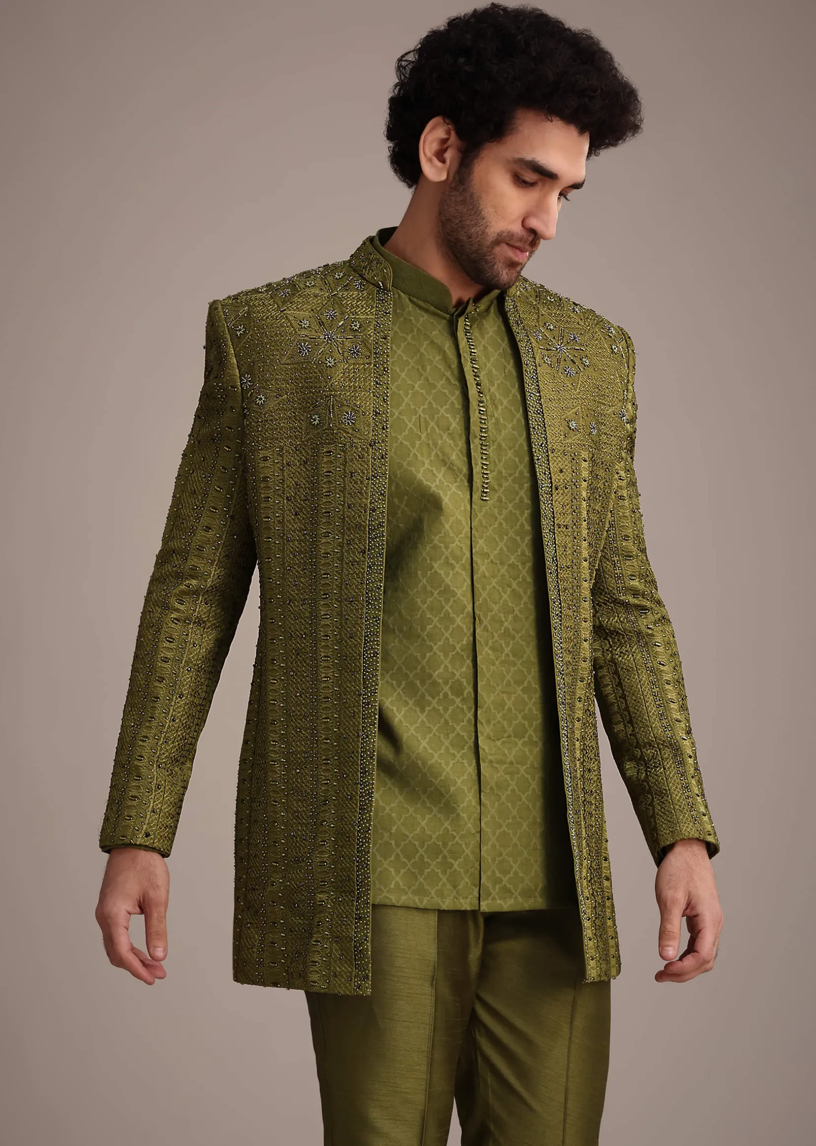 Mehendi Green Silk Zardosi Kurta Jacket Set