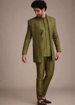 Mehendi Green Silk Zardosi Kurta Jacket Set