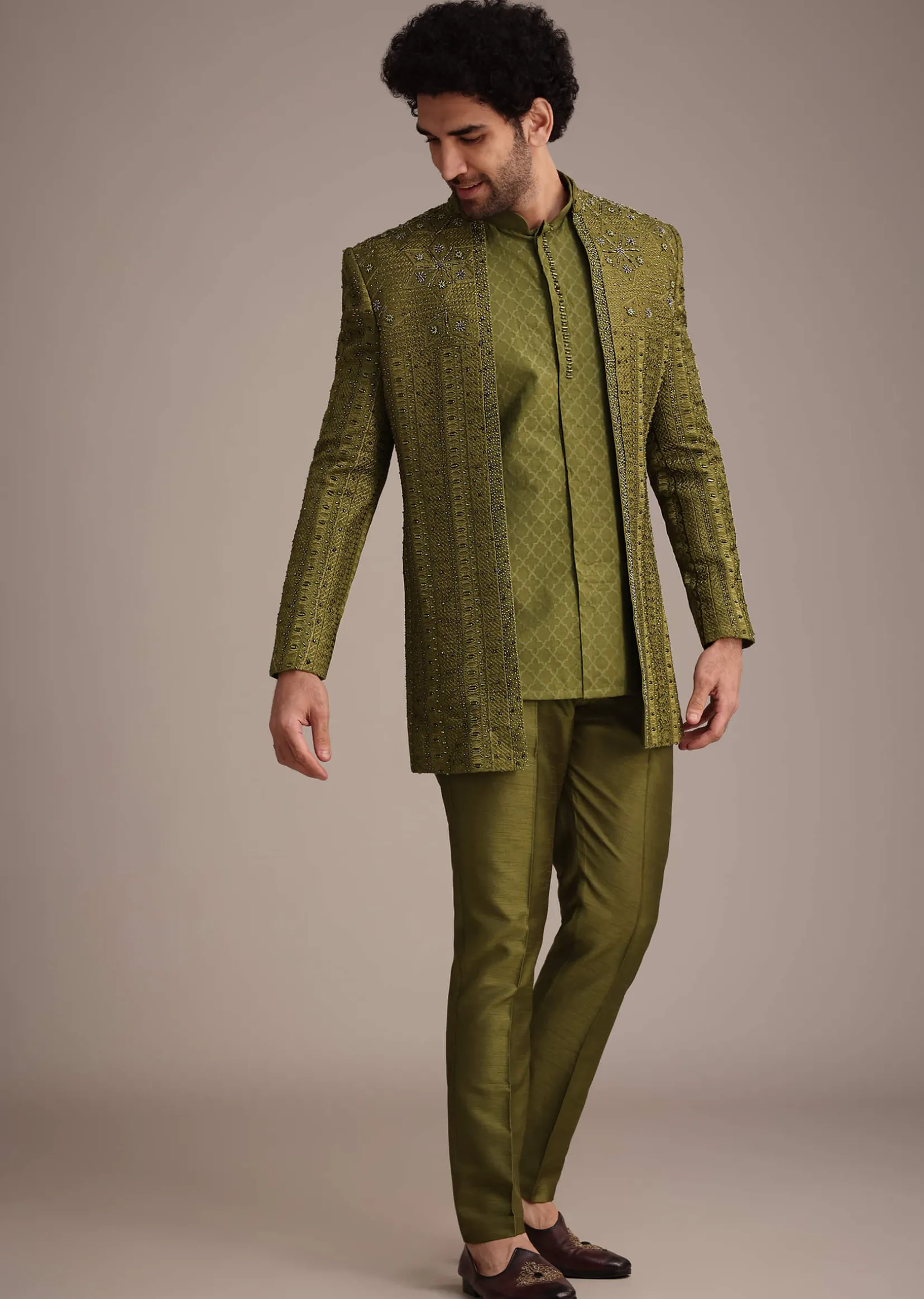 Mehendi Green Silk Zardosi Kurta Jacket Set