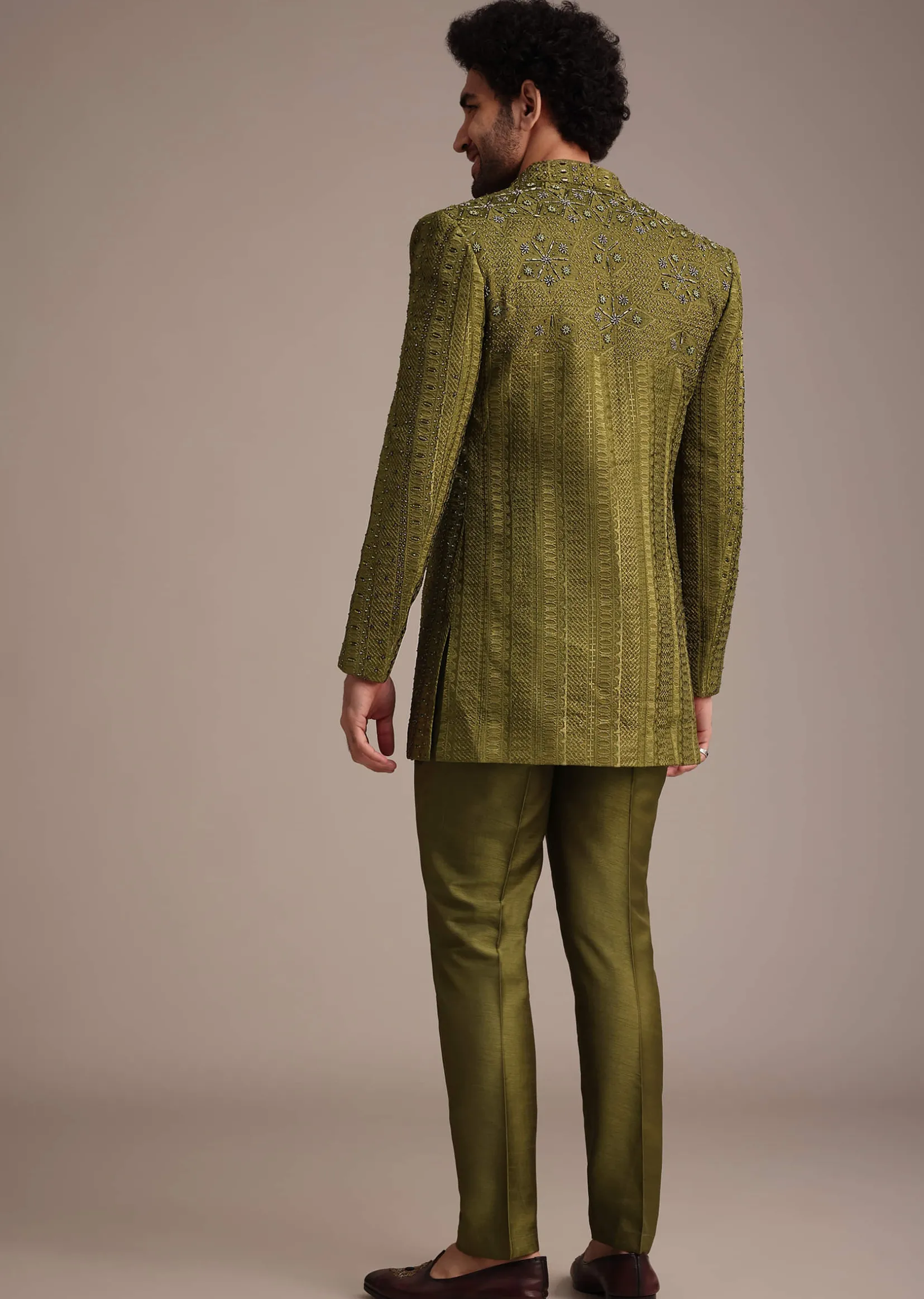 Mehendi Green Silk Zardosi Kurta Jacket Set