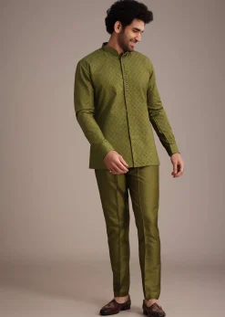 Mehendi Green Silk Zardosi Kurta Jacket Set