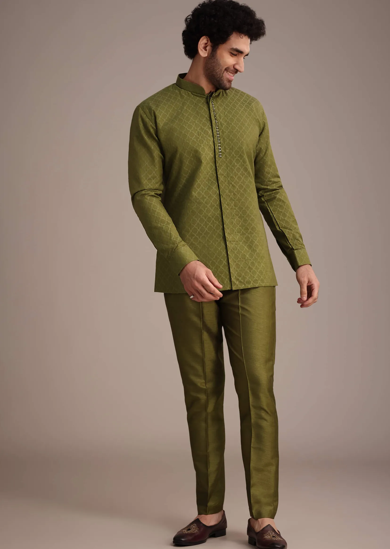 Mehendi Green Silk Zardosi Kurta Jacket Set