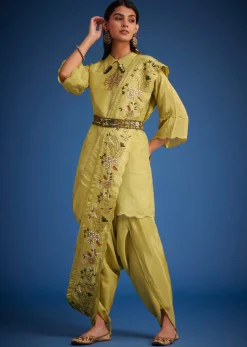 Mehendi Green Tissue Embroidered Dhoti Set