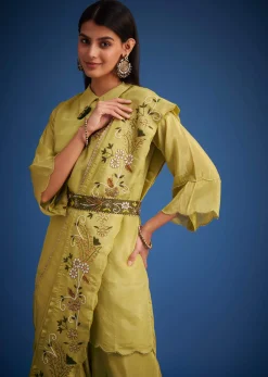 Mehendi Green Tissue Embroidered Dhoti Set