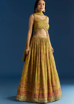 Mehendi Green Tissue Silk Lehenga With Zardosi Sequin Choli And Printed Dupatta
