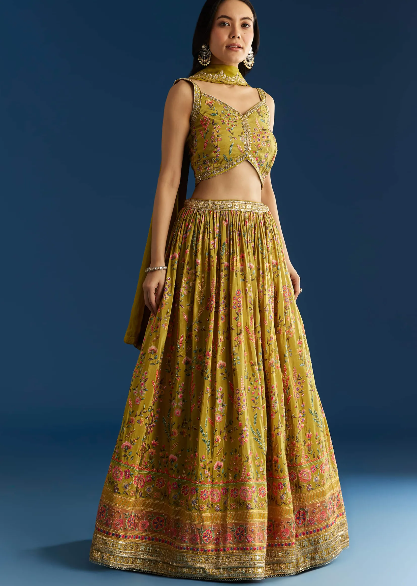 Mehendi Green Tissue Silk Lehenga With Zardosi Sequin Choli And Printed Dupatta