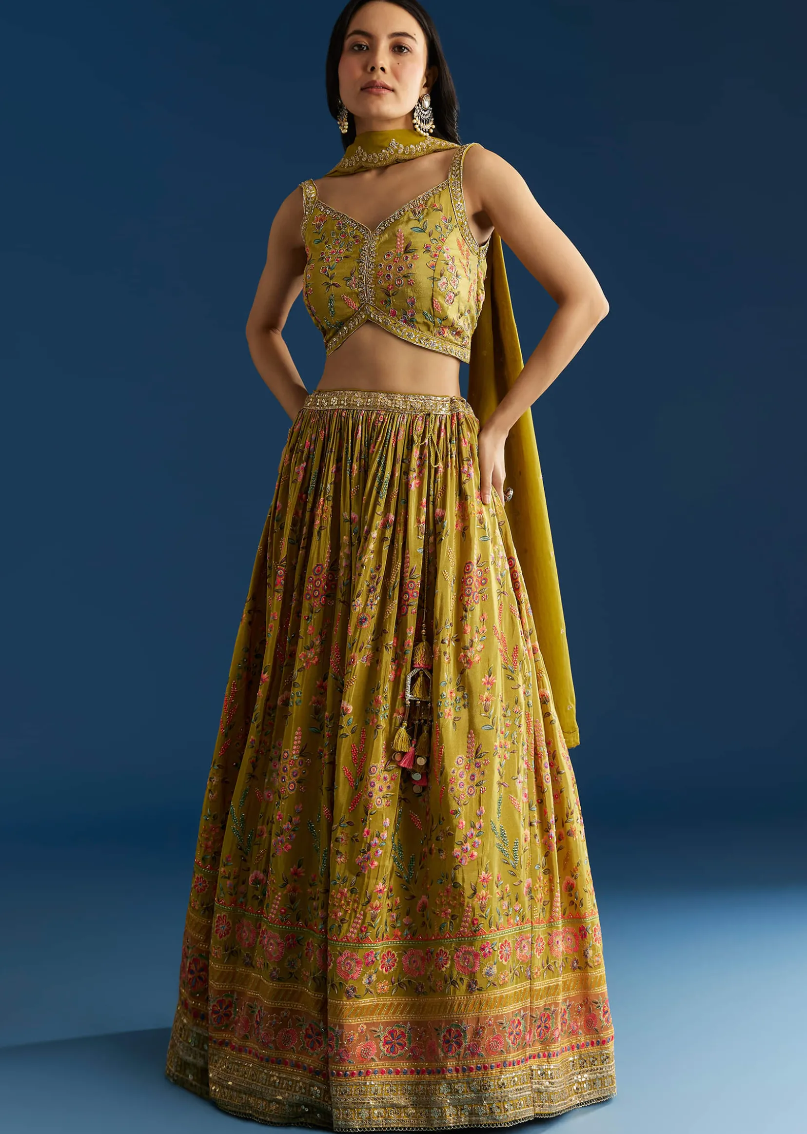 Mehendi Green Tissue Silk Lehenga With Zardosi Sequin Choli And Printed Dupatta