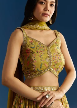 Mehendi Green Tissue Silk Lehenga With Zardosi Sequin Choli And Printed Dupatta
