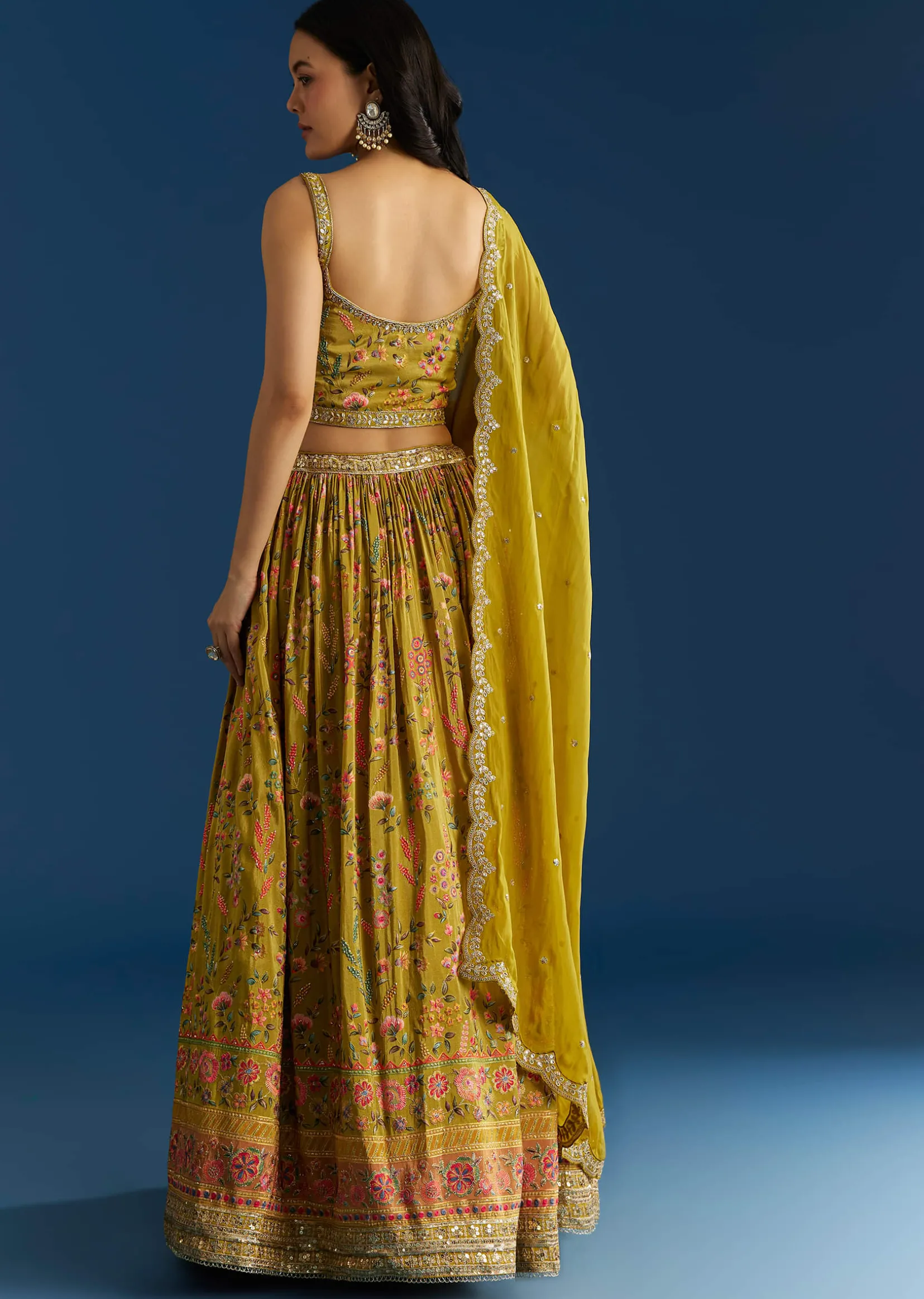 Mehendi Green Tissue Silk Lehenga With Zardosi Sequin Choli And Printed Dupatta