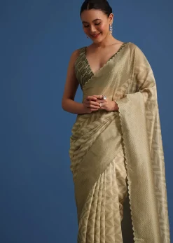 Mehendi Green Tissue Silk Saree With Stone Embroidered Border