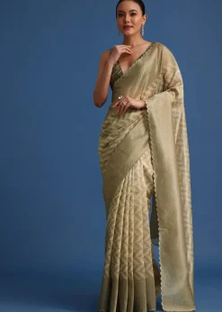 Mehendi Green Tissue Silk Saree With Stone Embroidered Border