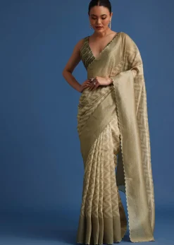 Mehendi Green Tissue Silk Saree With Stone Embroidered Border