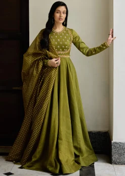 Mehendi Green Tussar Anarkali Suit With Cutdana Embroidery