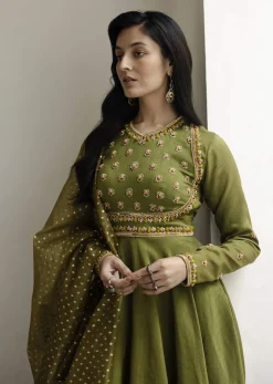 Mehendi Green Tussar Anarkali Suit With Cutdana Embroidery
