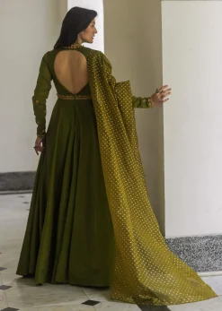 Mehendi Green Tussar Anarkali Suit With Cutdana Embroidery