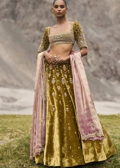 Mehendi Green Velvet Lehenga With Butti Work And Dupatta