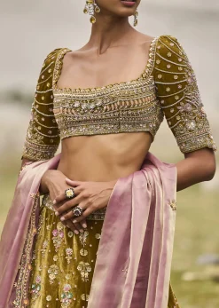 Mehendi Green Velvet Lehenga With Butti Work And Dupatta