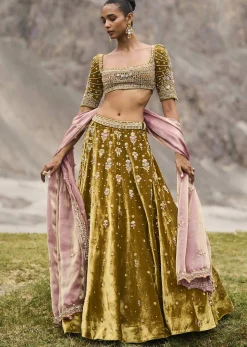 Mehendi Green Velvet Lehenga With Butti Work And Dupatta