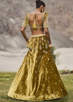 Mehendi Green Velvet Lehenga With Butti Work And Dupatta