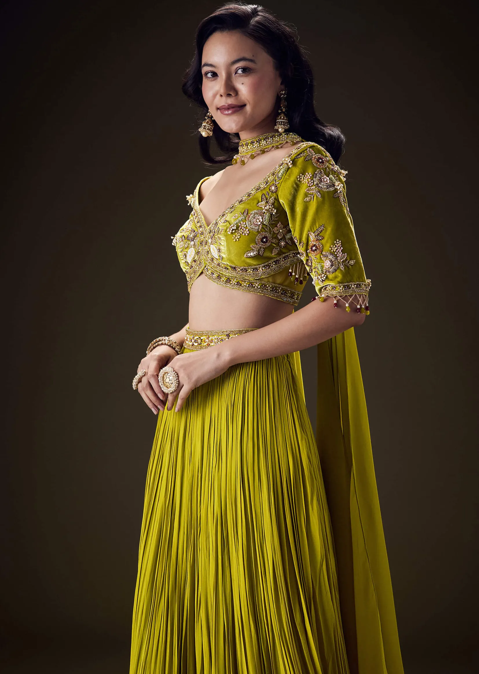 Mehendi Green Velvet Lehenga With Embellished Cross Body Blouse