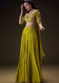 Mehendi Green Velvet Lehenga With Embellished Cross Body Blouse
