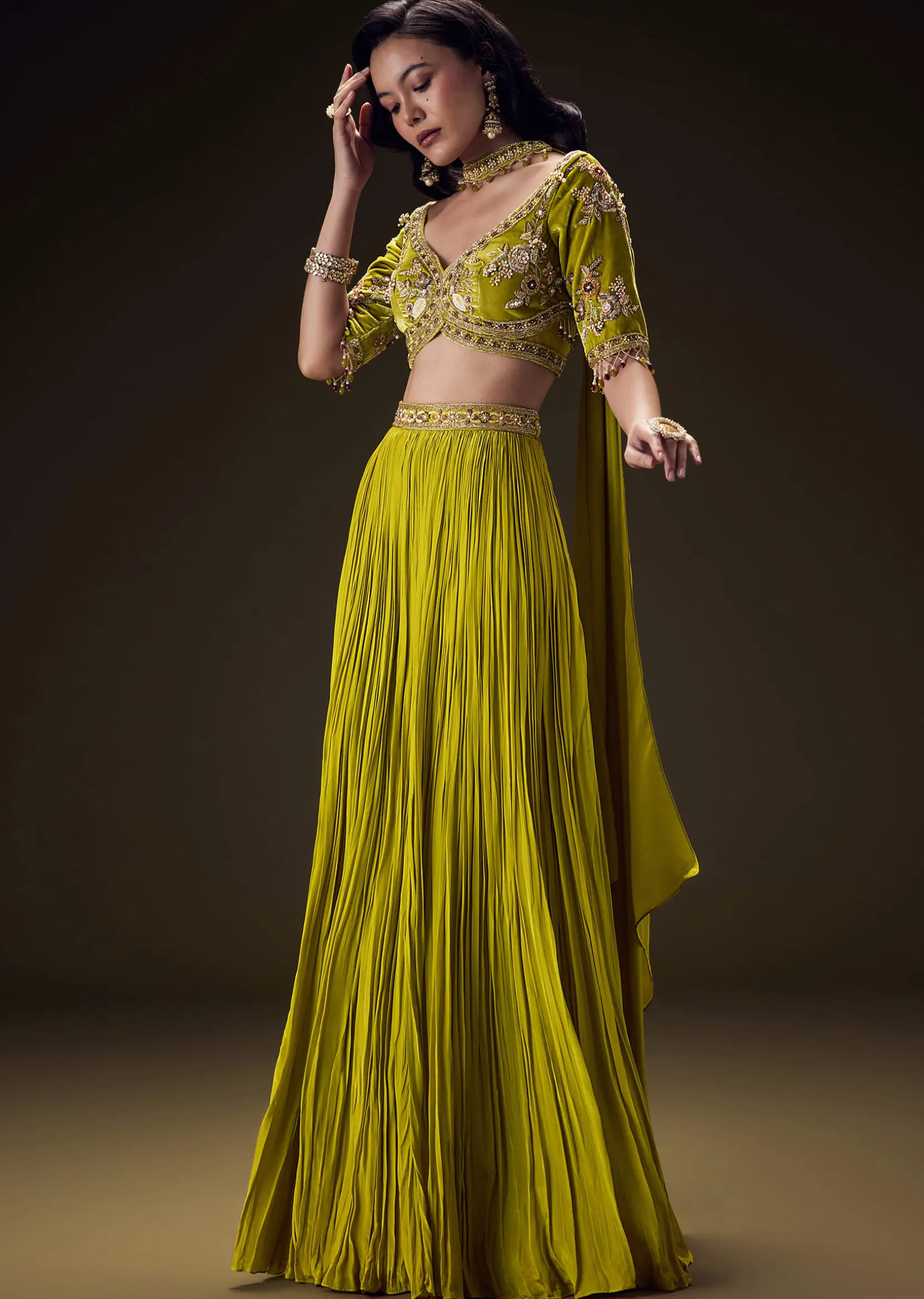 Mehendi Green Velvet Lehenga With Embellished Cross Body Blouse